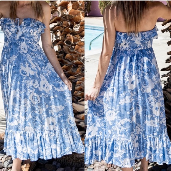 Vici Ruffle Strapless Santorini Blue Floral Midi Dress Size Large - Picture 1 of 11